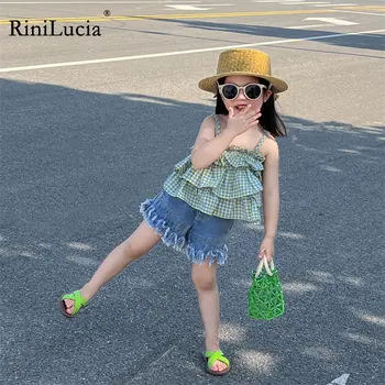 RiniLucia מתוק בגדי בנות סטים 2023 קיץ חדשה Suspender משבצות, חולצות ג ' ינס קצרים 2pcs חליפת בגדי ילדים סטים לילדים
